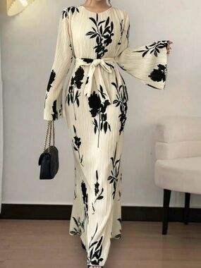 Elegant Black & Cream Floral Maxi Dress with Tie Waist
